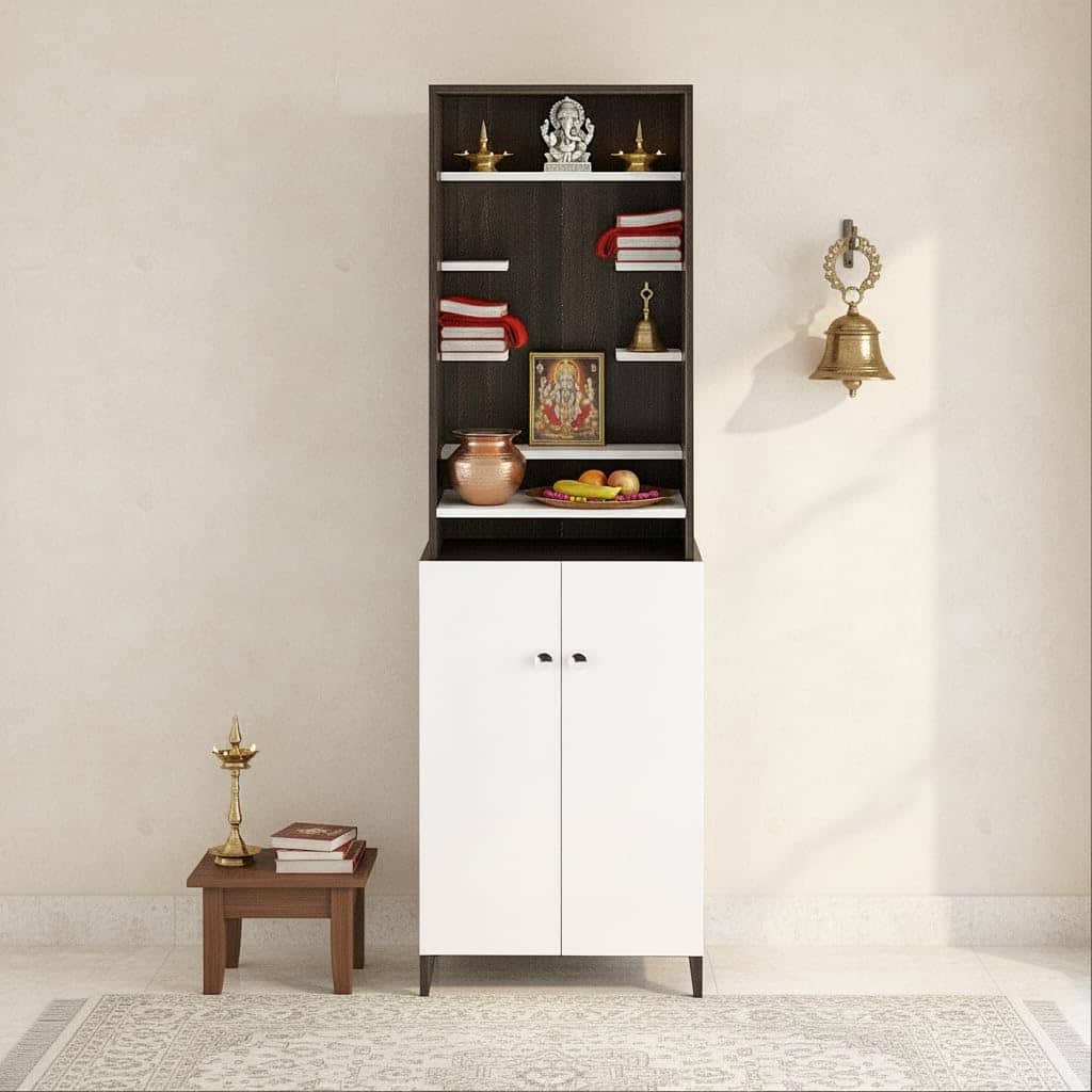 Shrisha Engineered Wood Pooja Mandir for Home with Spacious Storage (Wenge & Frosty White Finish)