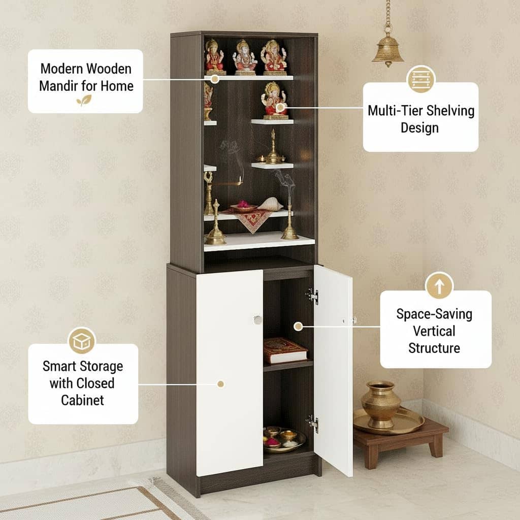 Shrisha Engineered Wood Pooja Mandir for Home with Spacious Storage (Wenge & Frosty White Finish)