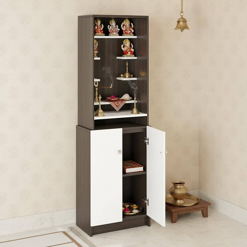 Shrisha Engineered Wood Pooja Mandir for Home with Spacious Storage (Wenge & Frosty White Finish)