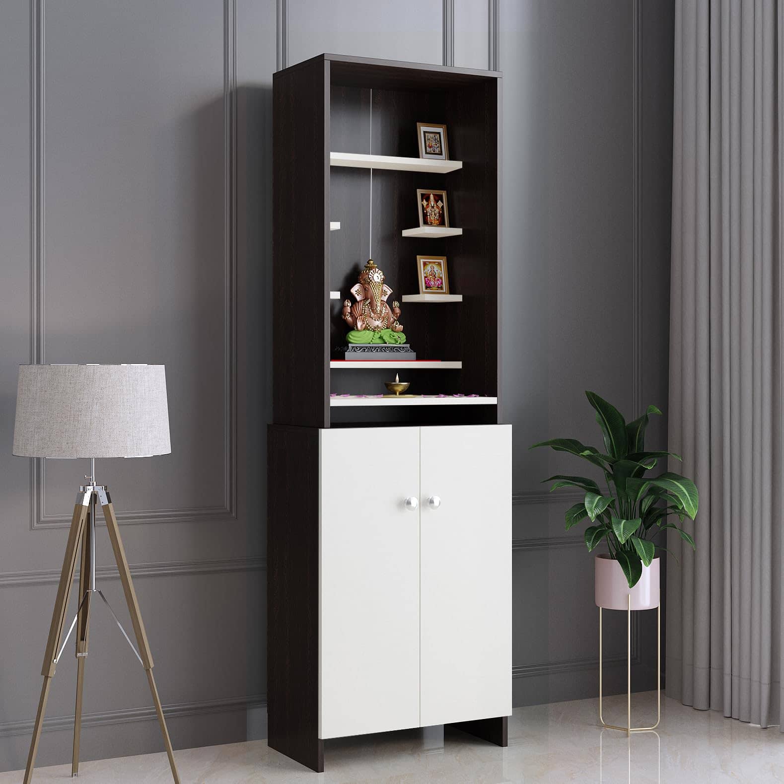 Shrisha Engineered Wood Pooja Mandir for Home with Spacious Storage (Wenge & Frosty White Finish)