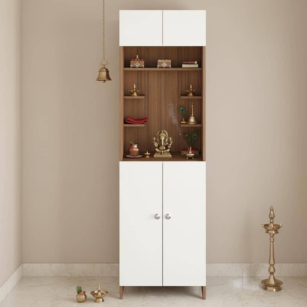 Shivika Engineered Wood Pooja Mandir for Home |(Exotic Teak & White)