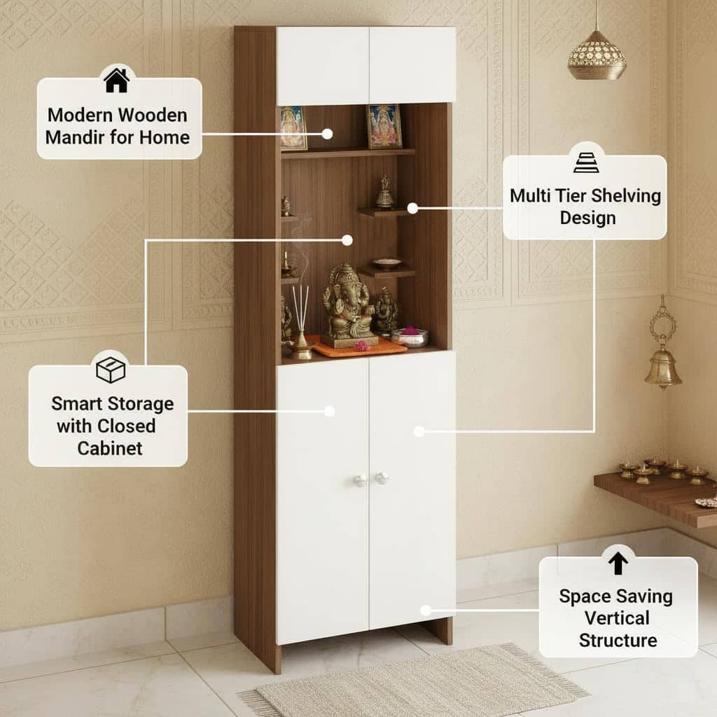 Shivika Engineered Wood Pooja Mandir for Home |(Exotic Teak & White)