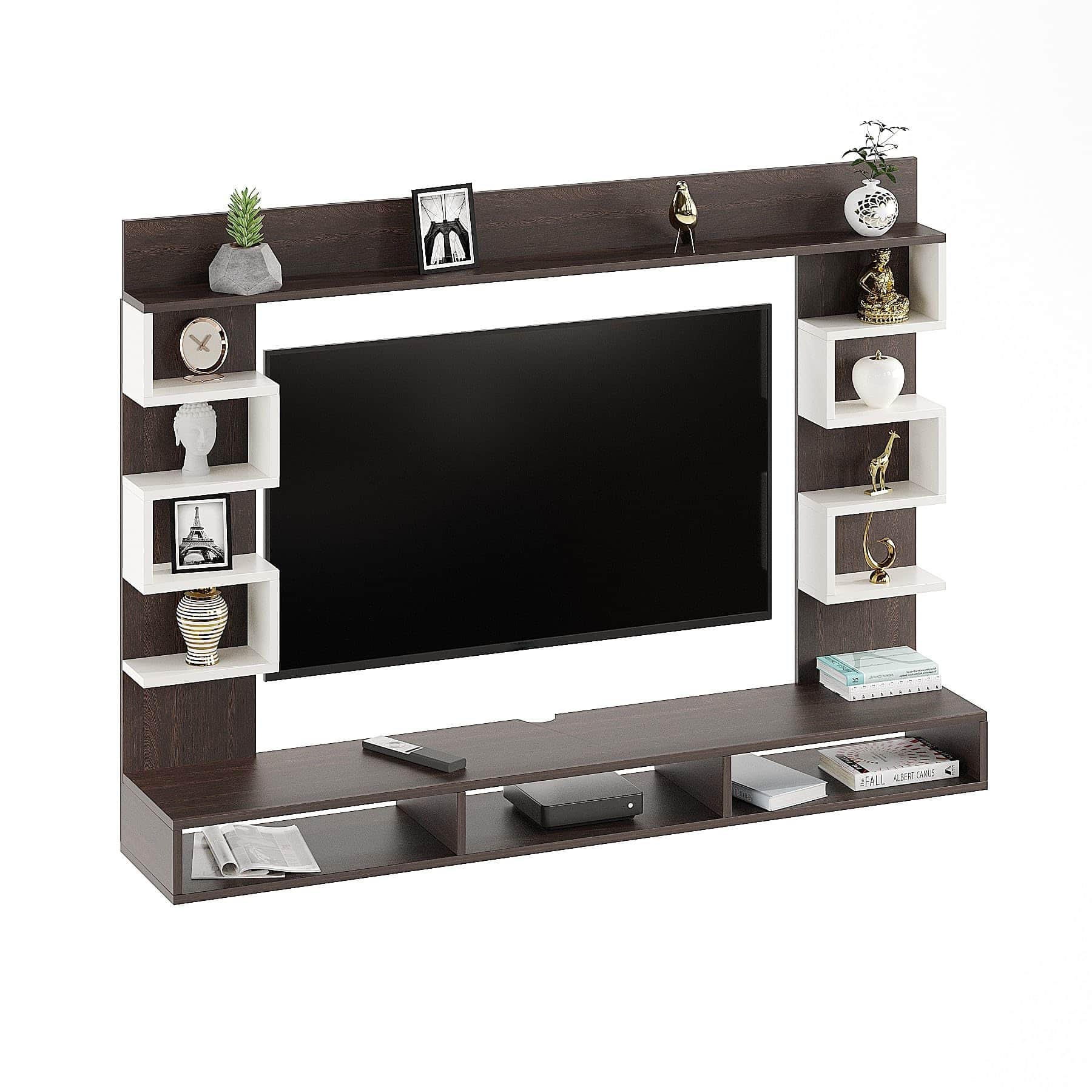Cabiar Engineered Wood Wall Mount TV Unit with Display Shelves (Wenge & White) - front_view