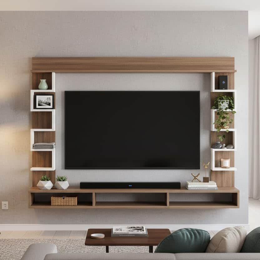 Cabiar Wall Mount TV Unit with Storage Shelves for up to 55 Inch Media Console Cabinet Exotic Teak & White - front_view