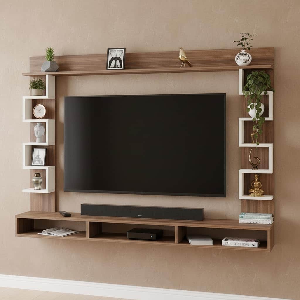 Cabiar Wall Mount TV Unit with Storage Shelves for up to 55 Inch Media Console Cabinet Exotic Teak & White - left_view