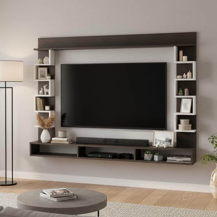 Cabiar Wall Mount TV Unit with Storage Shelves for up to 55 Inch Media Console Cabinet Wenge & White - front_view