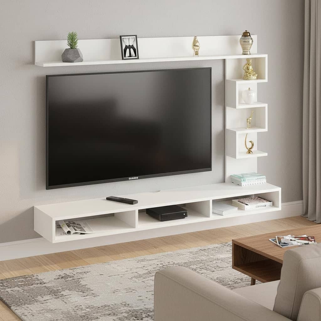 Dettlet Modern Engineered Wood Wall Mounted TV Unit with Open Storage Shelves Racks (White)