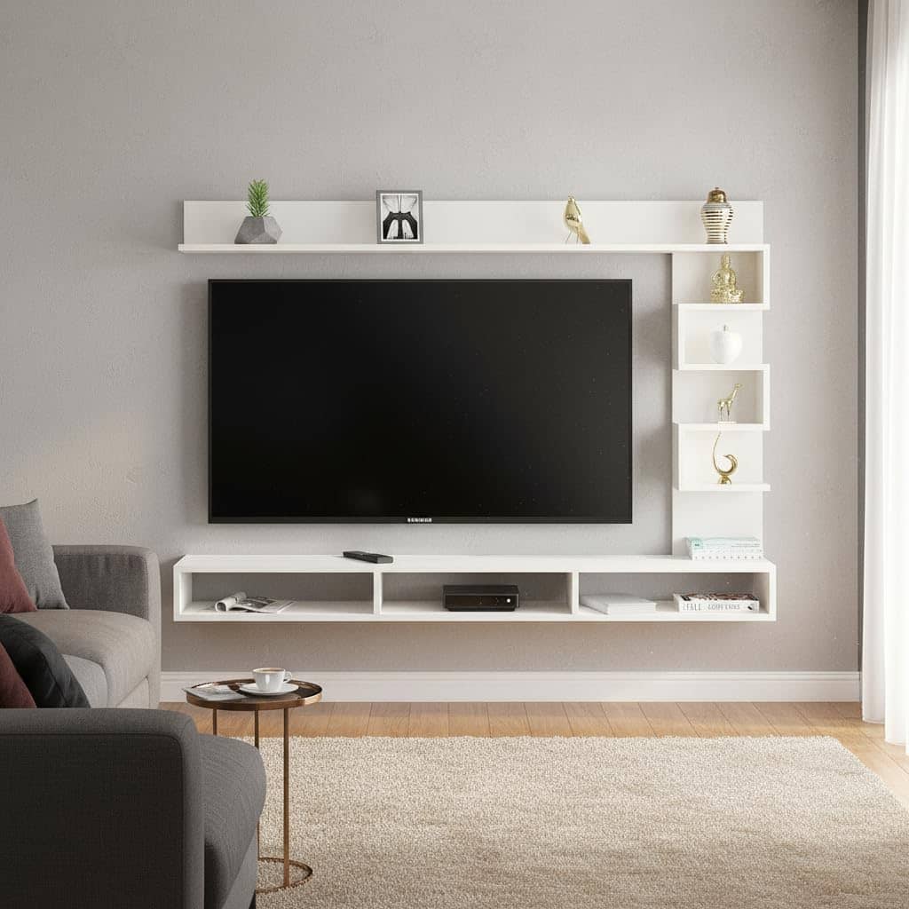 Dettlet Modern Engineered Wood Wall Mounted TV Unit with Open Storage Shelves Racks (White)