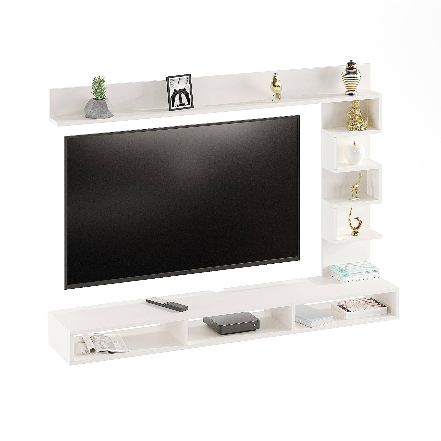 Dettlet Modern Engineered Wood Wall Mounted TV Unit with Open Storage Shelves Racks (White)