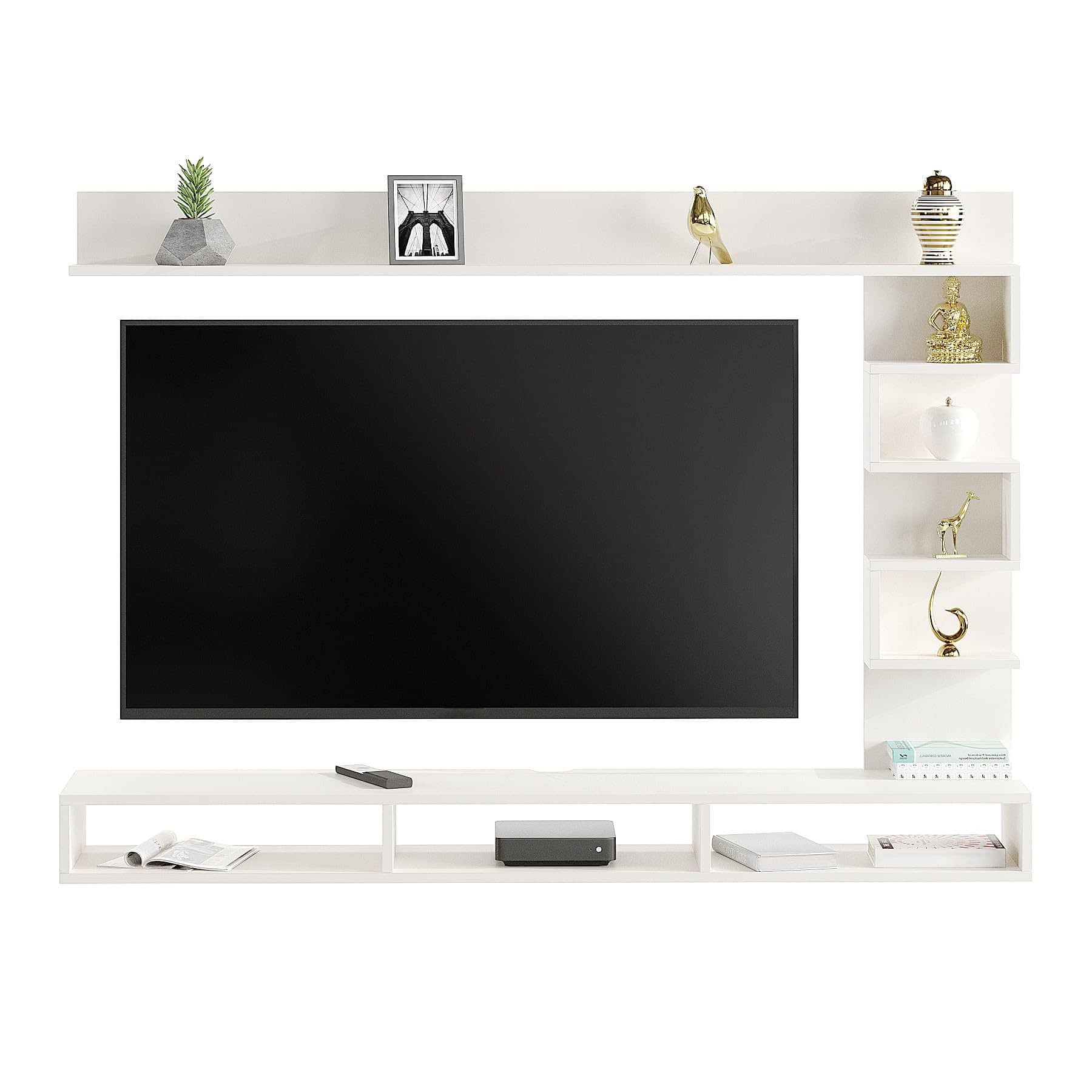 Dettlet Modern Engineered Wood Wall Mounted TV Unit with Open Storage Shelves Racks (White)