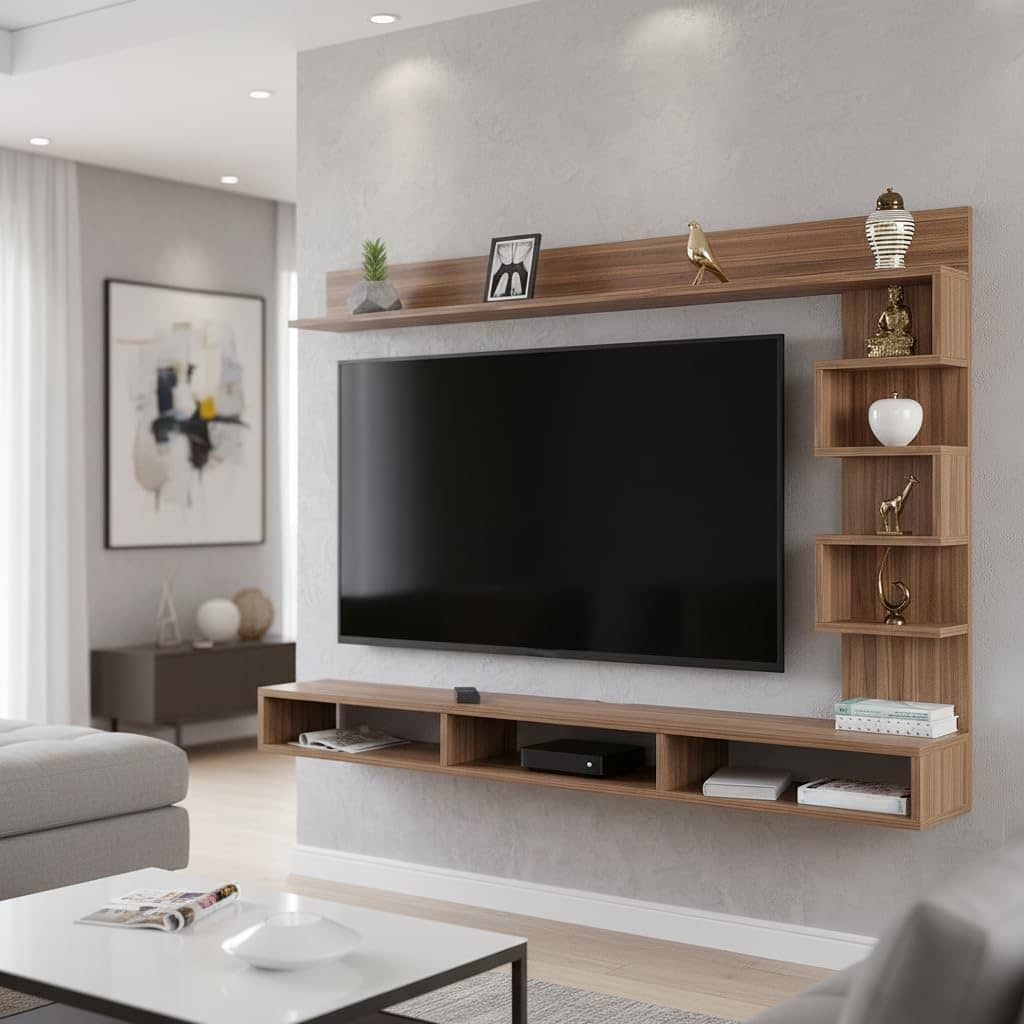 Dettlet Modern Engineered Wood Wall Mounted TV Unit with Open Storage Shelves Racks (Exotic Teak)