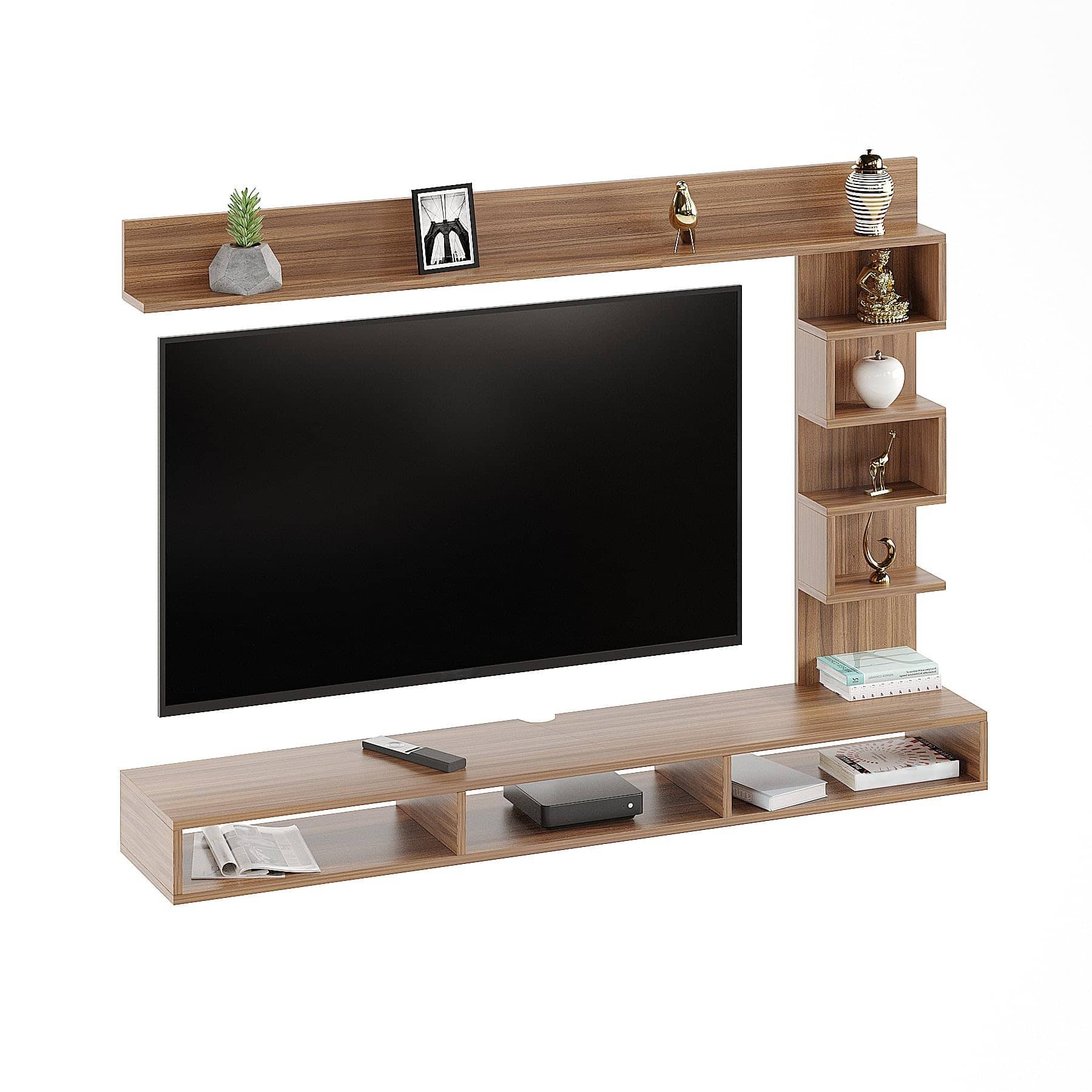 Dettlet Modern Engineered Wood Wall Mounted TV Unit with Open Storage Shelves Racks (Exotic Teak)