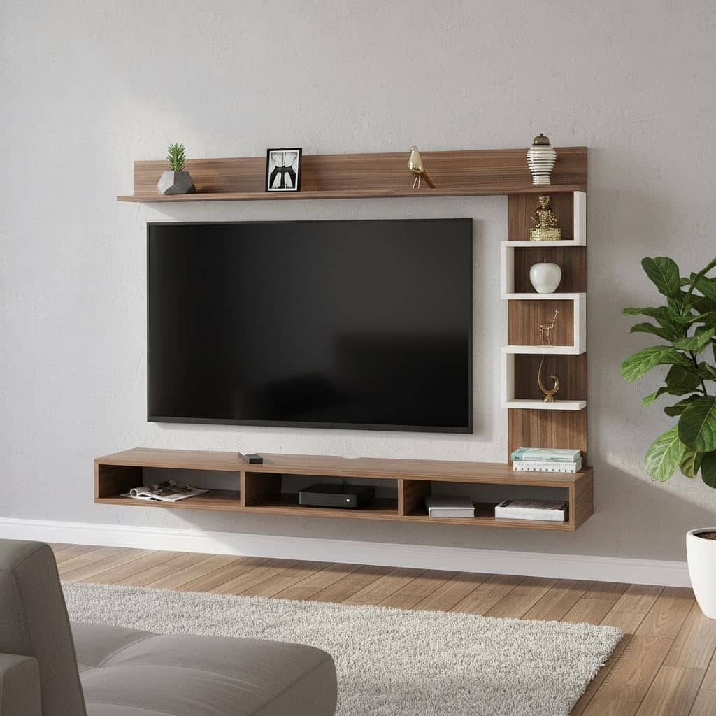 Dettlet Modern Engineered Wood Wall Mounted TV Unit with Open Storage Shelves Racks (Exotic Teak & White)
