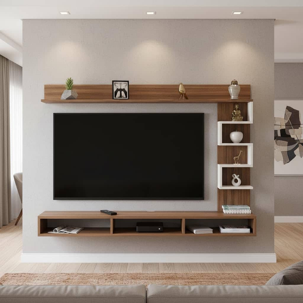 Dettlet Modern Engineered Wood Wall Mounted TV Unit with Open Storage Shelves Racks (Exotic Teak & White)