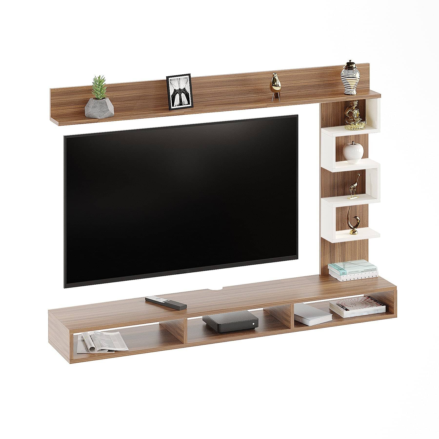 Dettlet Modern Engineered Wood Wall Mounted TV Unit with Open Storage Shelves Racks (Exotic Teak & White)