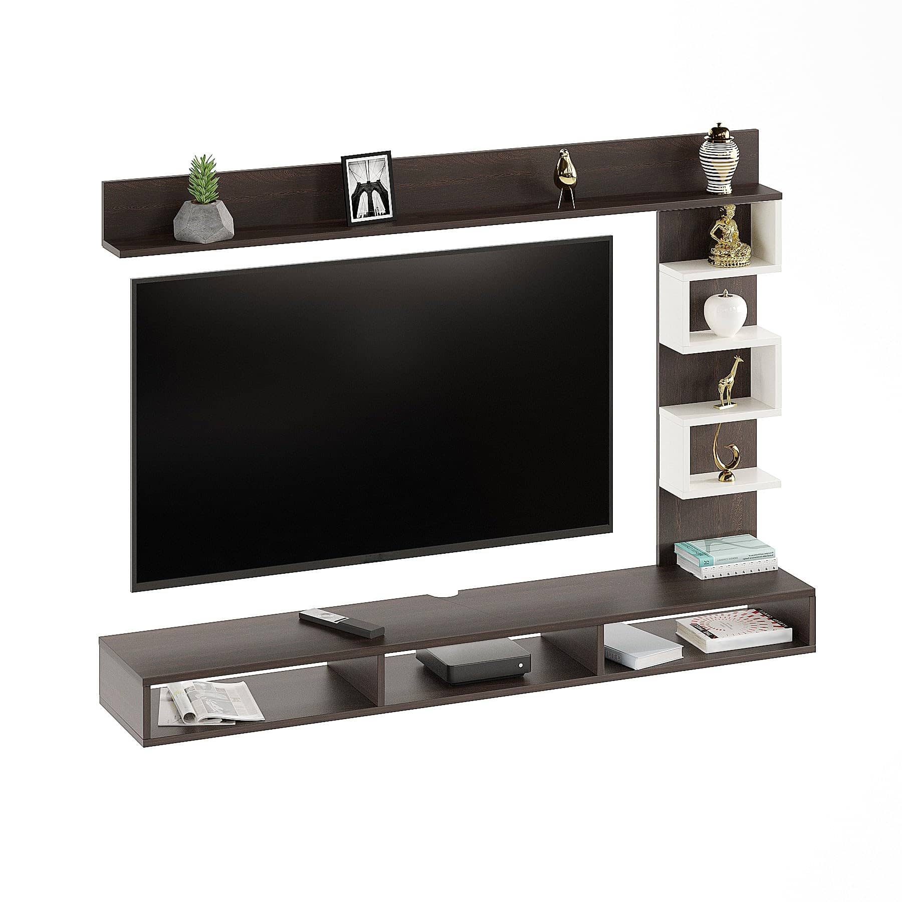 Dettlet Modern Engineered Wood Wall Mounted with Open Storage Shelves Racks (Wenge & White)