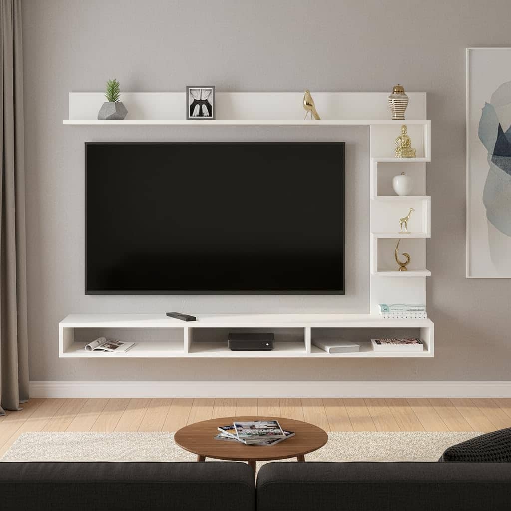 Dettlet Engineered Wood Wall-Mount TV Unit for Living Room, Set Top Box Stand, Entertainment Unit with Display Shelves, for Upto 55 Inch (D.I.Y) (White)