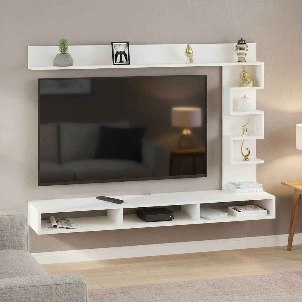 Dettlet Engineered Wood Wall-Mount TV Unit for Living Room, Set Top Box Stand, Entertainment Unit with Display Shelves, for Upto 55 Inch (D.I.Y) (White) - front_view
