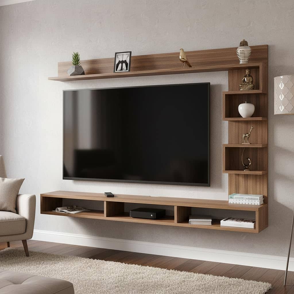 Dettlet Engineered Wood Wall-Mount TV Unit with Display Shelves (Exotic Teak)