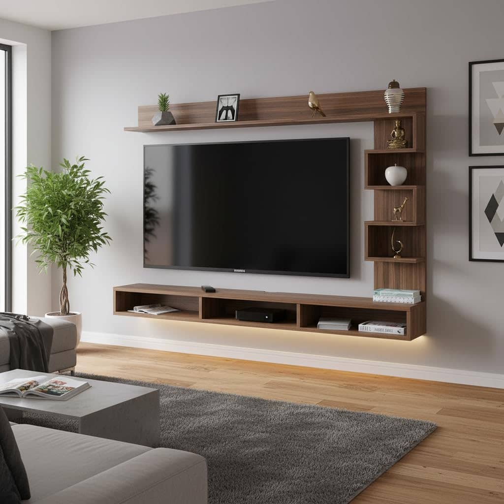 Dettlet Engineered Wood Wall-Mount TV Unit with Display Shelves (Exotic Teak)