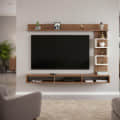 Dettlet Engineered Wood Wall-Mount TV Unit with Display Shelves (Exotic Teak & White) - photo