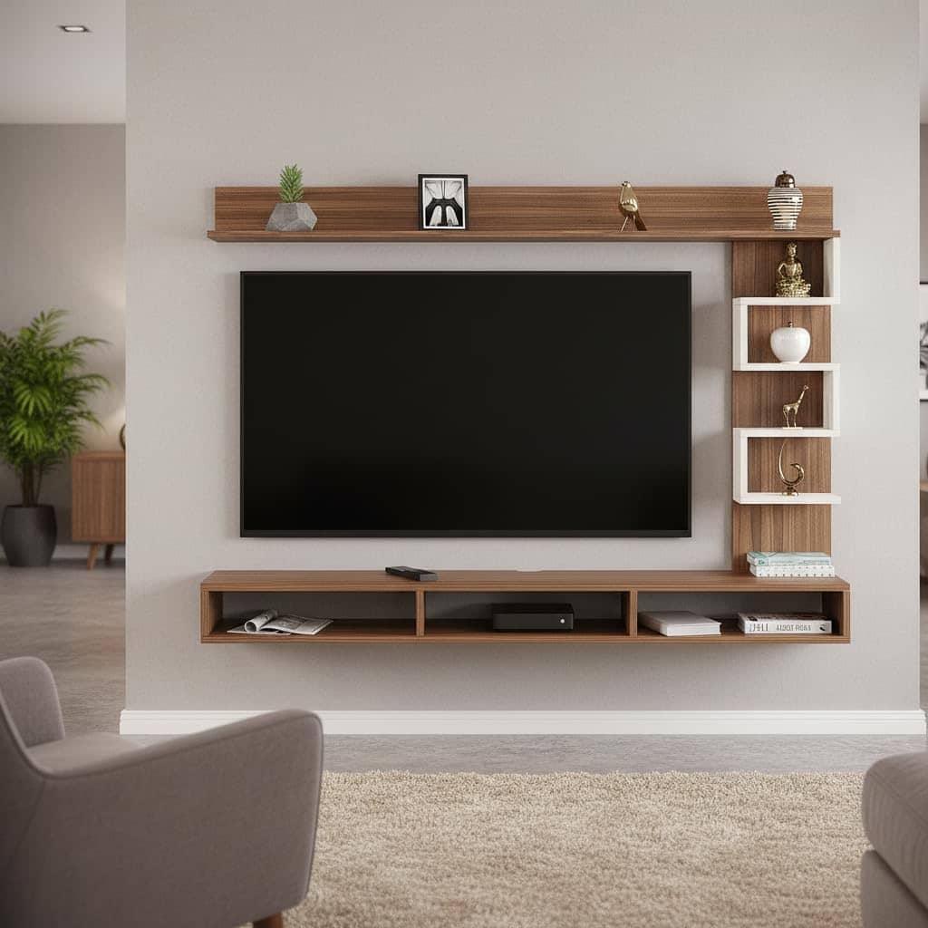 Dettlet Engineered Wood Wall-Mount TV Unit with Display Shelves (Exotic Teak & White)