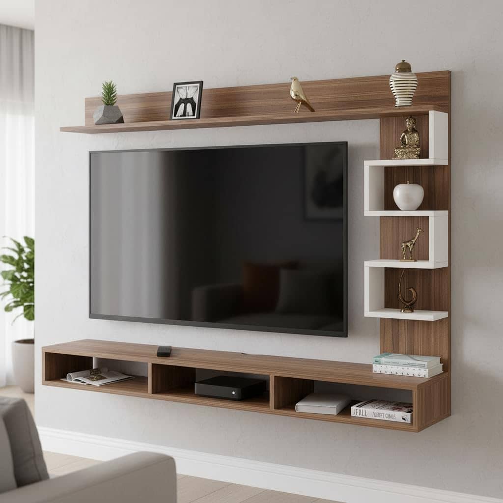 Dettlet Engineered Wood Wall-Mount TV Unit with Display Shelves (Exotic Teak & White)