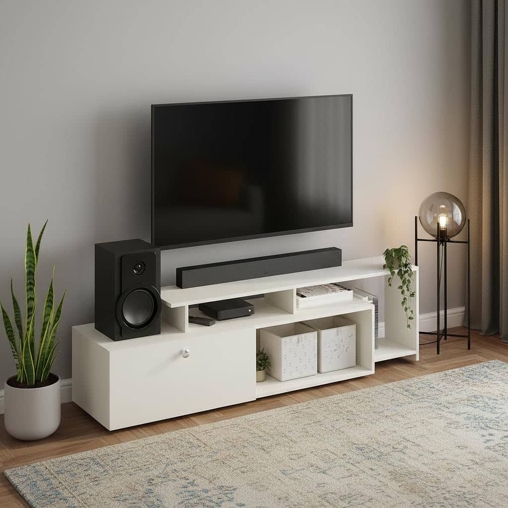 Dexon Modern Engineered Wood Floor TV Cabinet with Storage & Open Shelves (White)