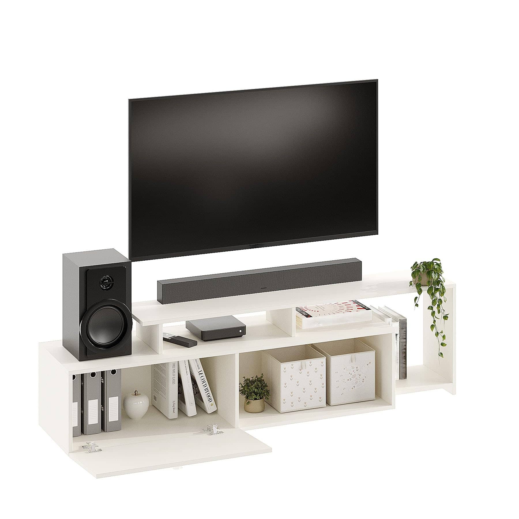 Dexon Modern Engineered Wood Floor TV Cabinet with Storage & Open Shelves (White)