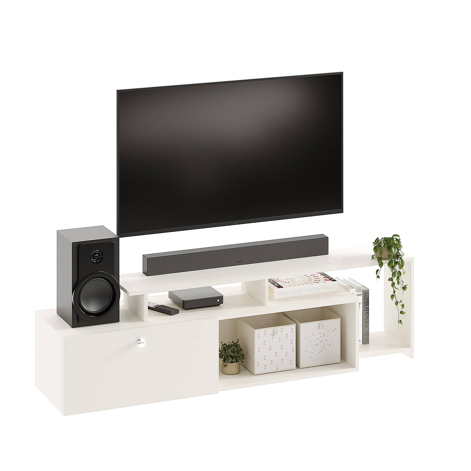 Dexon Modern Engineered Wood Floor TV Cabinet with Storage & Open Shelves (White)