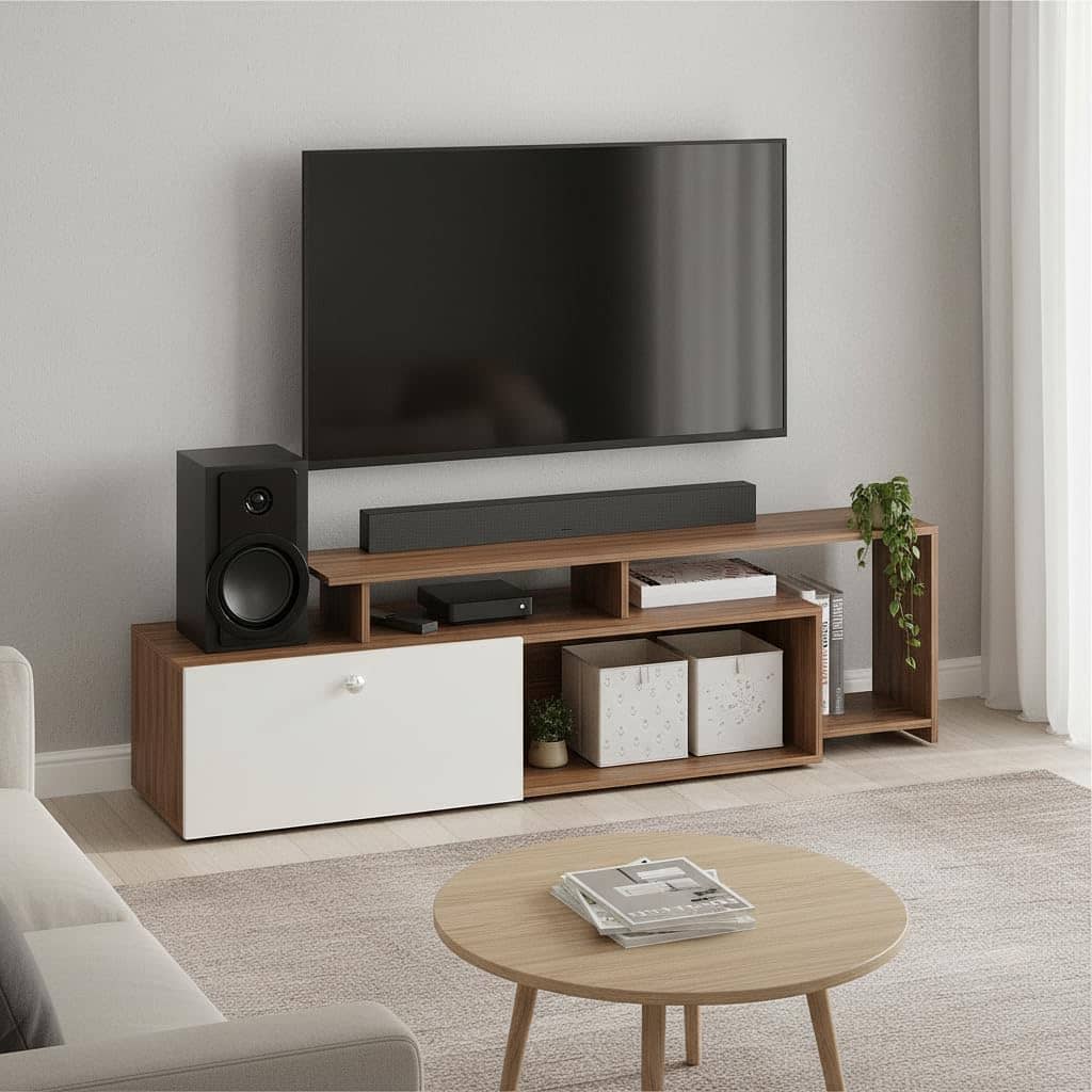 Dexon Modern Engineered Wood Floor TV Cabinet with Storage & Open Shelves (Exotic Teak & White)
