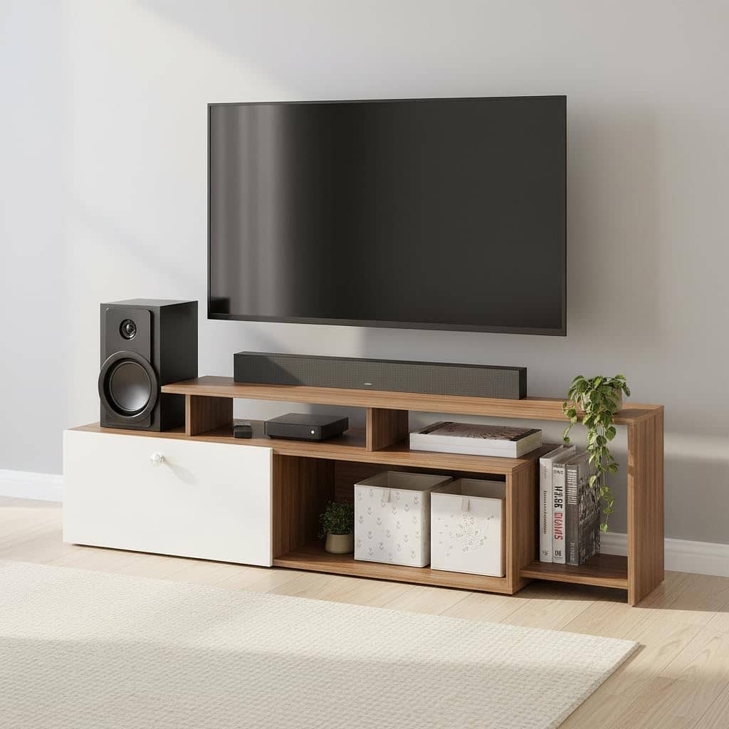 Dexon Modern Engineered Wood Floor TV Cabinet with Storage & Open Shelves (Exotic Teak & White)