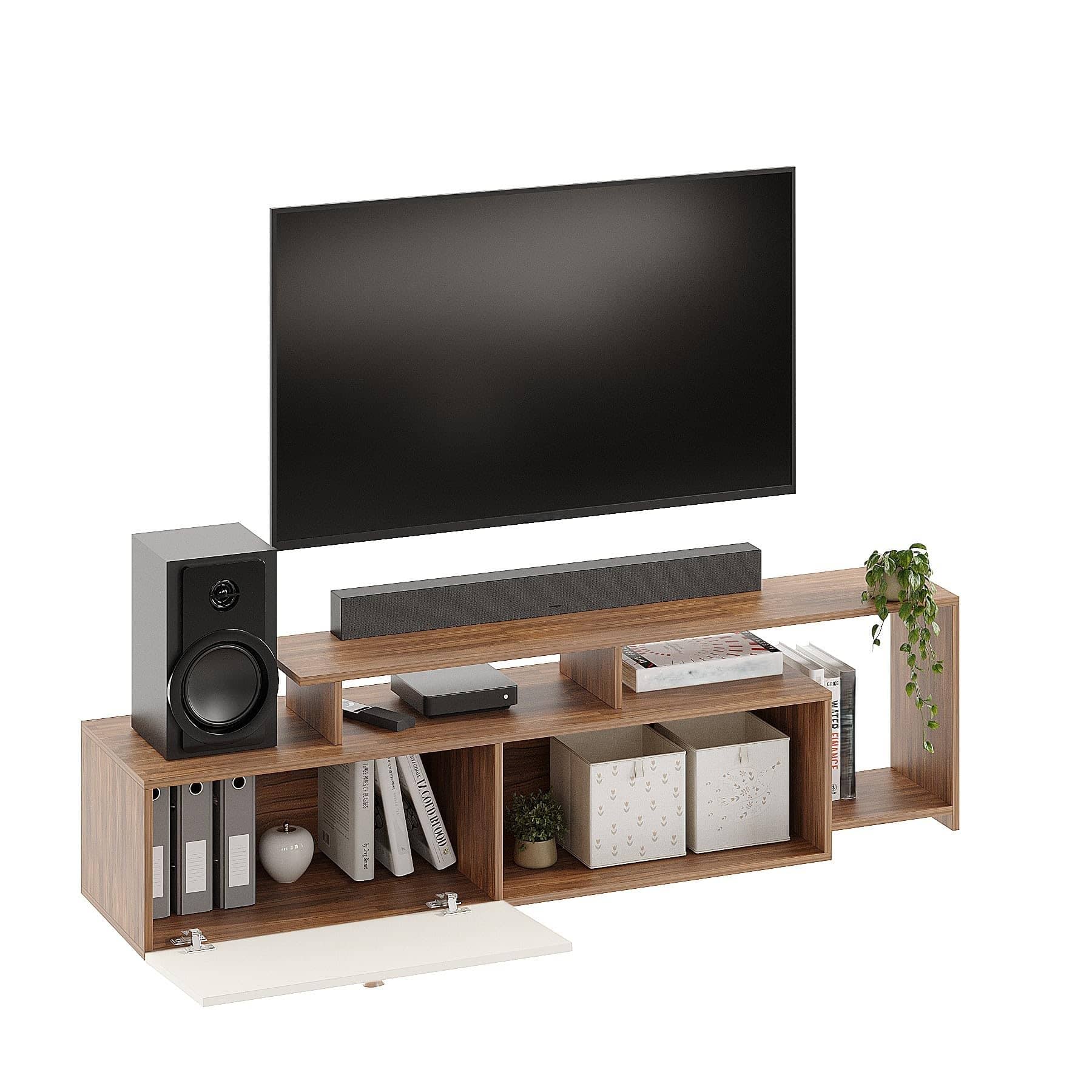 Dexon Modern Engineered Wood Floor TV Cabinet with Storage & Open Shelves (Exotic Teak & White)