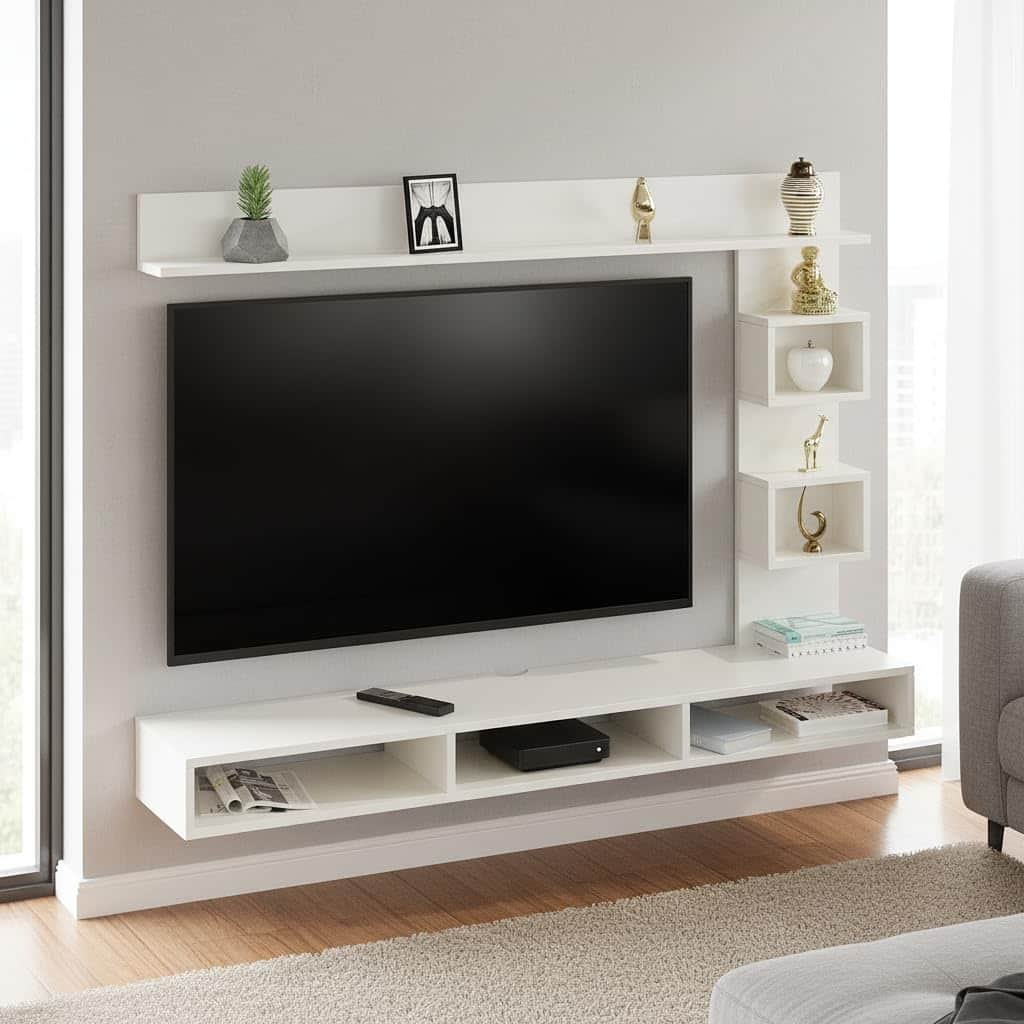 Elite Engineered Wood Wall Mount TV Unit with Display Shelves in Exotic Teak & White - front_view