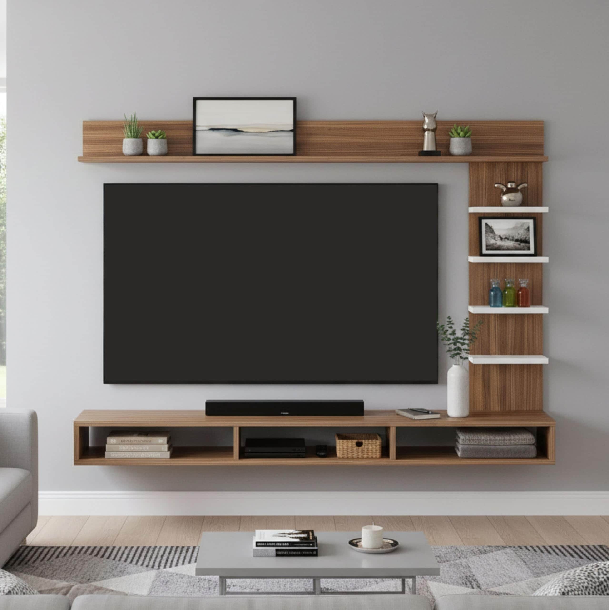 Eplus Engineered Wood Wall Mount TV Unit (Ideal for 50-55 Inch) (D.I.Y) (Exotic Teak & White) - front_view