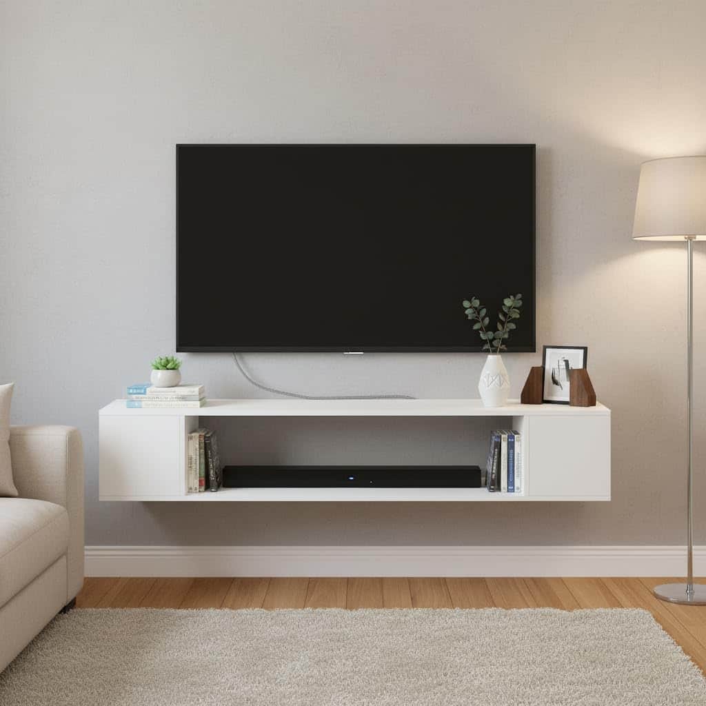 Ether Modern Wall Mounted TV Unit with Floating Shelf (White) - front_view
