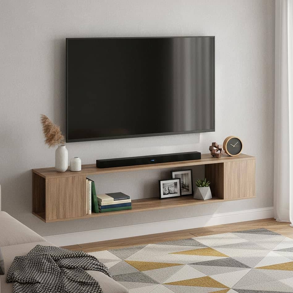 Ether Modern Wall Mounted TV Unit with Floating Shelf (Exotic Teak)