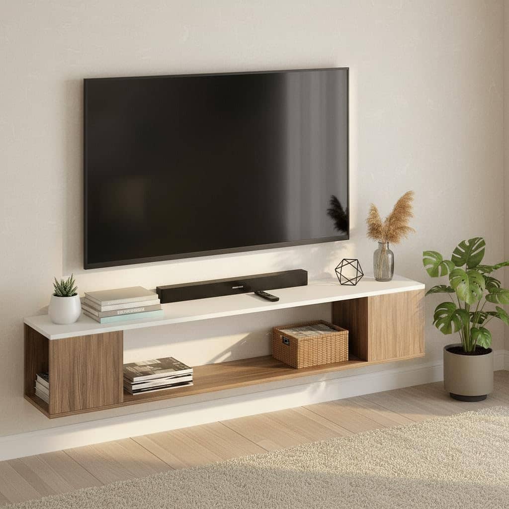 Ether Modern Wall Mounted TV Unit with Floating Shelf (Exotic Teak & White)