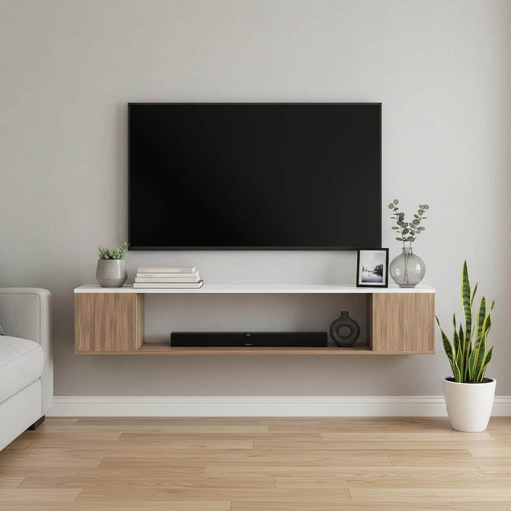 Ether Modern Wall Mounted TV Unit with Floating Shelf (Exotic Teak & White) - front_view