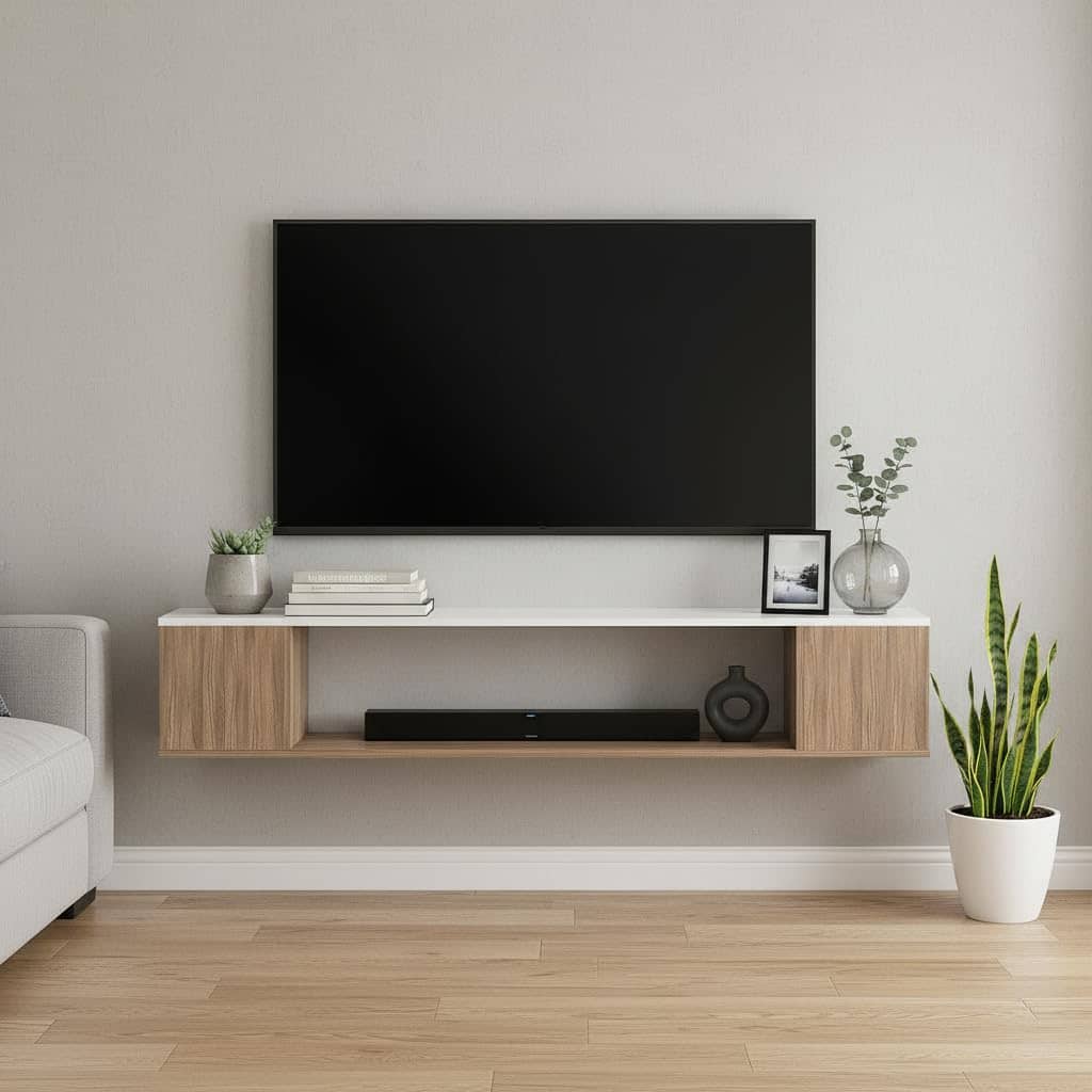 Ether Modern Wall Mounted TV Unit with Floating Shelf (Exotic Teak & White)