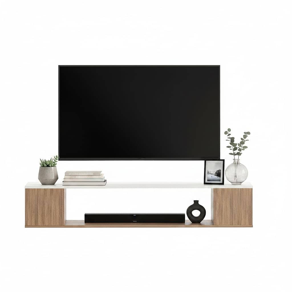 Ether Modern Wall Mounted TV Unit with Floating Shelf (Exotic Teak & White)