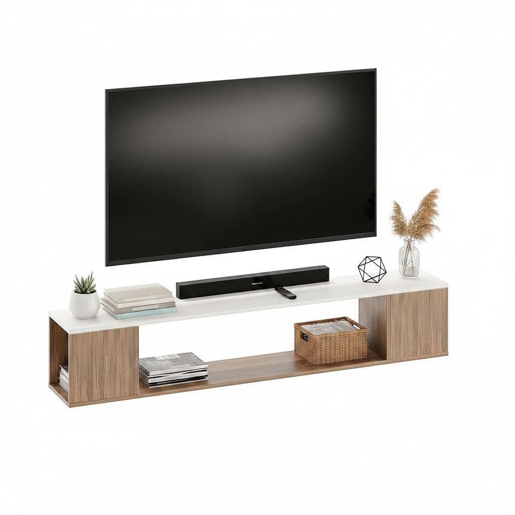 Ether Modern Wall Mounted TV Unit with Floating Shelf (Exotic Teak & White)