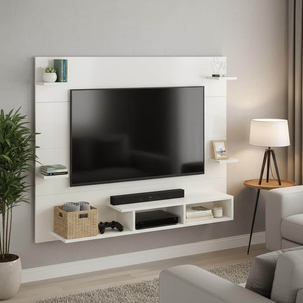 Harrison Wall Mount TV Cabinet with Back Panel, Set Top Box Stand & Display Shelves (White) - front_view