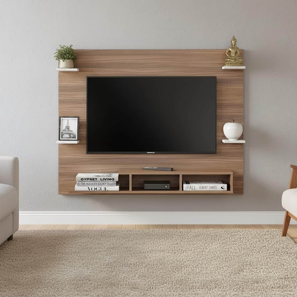 Harrison Wall Mount TV Cabinet with Back Panel, Set Top Box Stand & Display Shelves (Exotic Teak & White) - front_view