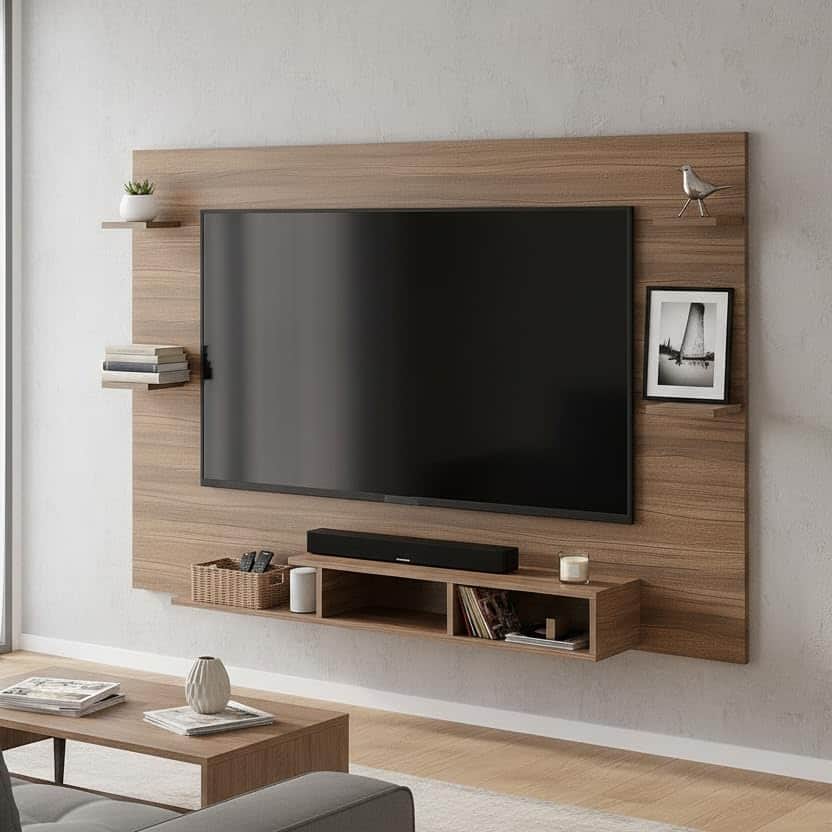 Harrison Wall Mount TV Cabinet with Back Panel, Set Top Box Stand & Display Shelves (Exotic Teak) - front_view