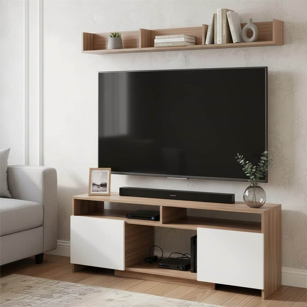 Oakliss Modern Engineered Wood TV Unit with Storage Cabinets Open Shelves & Display Rack (Exotic Teak & White) - front_view