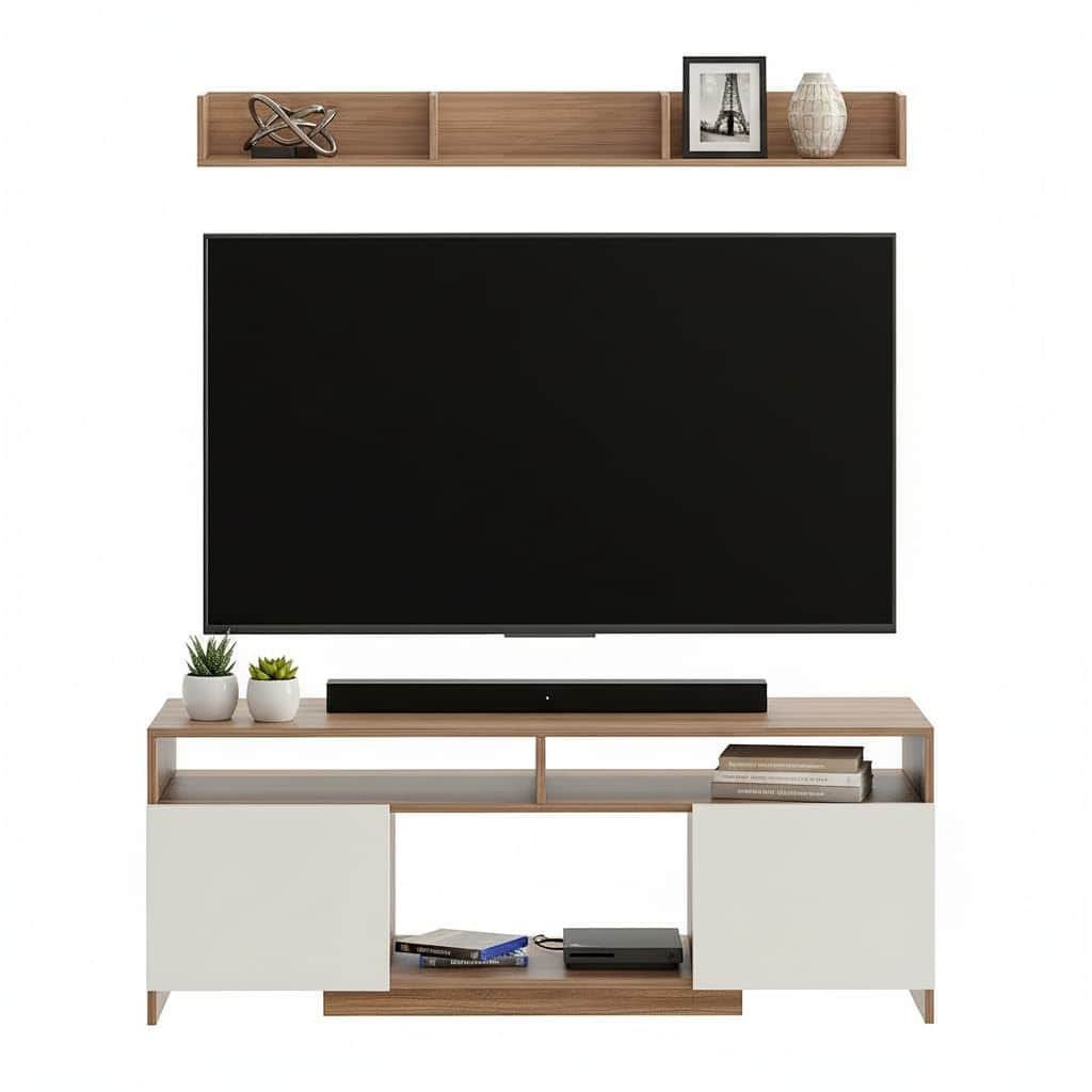 Oakliss Modern Engineered Wood TV Unit with Storage Cabinets Open Shelves & Display Rack (Exotic Teak & White) - left_view