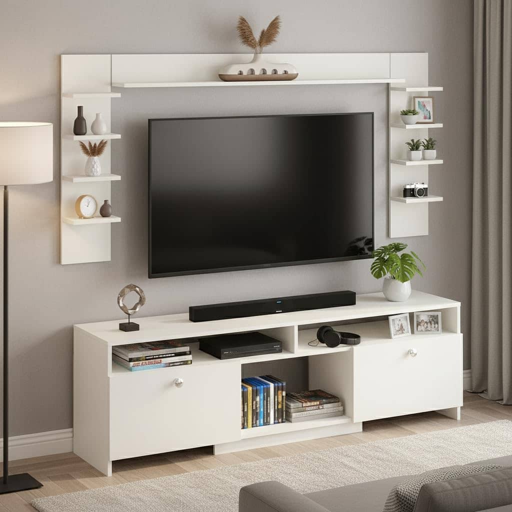 Samnor Engineered Wood TV Unit with Storage Shelves | Entertainment Unit, TV Table, Set Top Box Stand for Living Room (White)