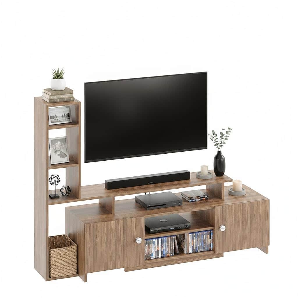 Turin Modern Engineered Wood TV Unit with Storage Cabinets Open Shelves & Side Display Rack | TV Stand for 32 to 55 Inch TV (Exotic Teak) - left_view