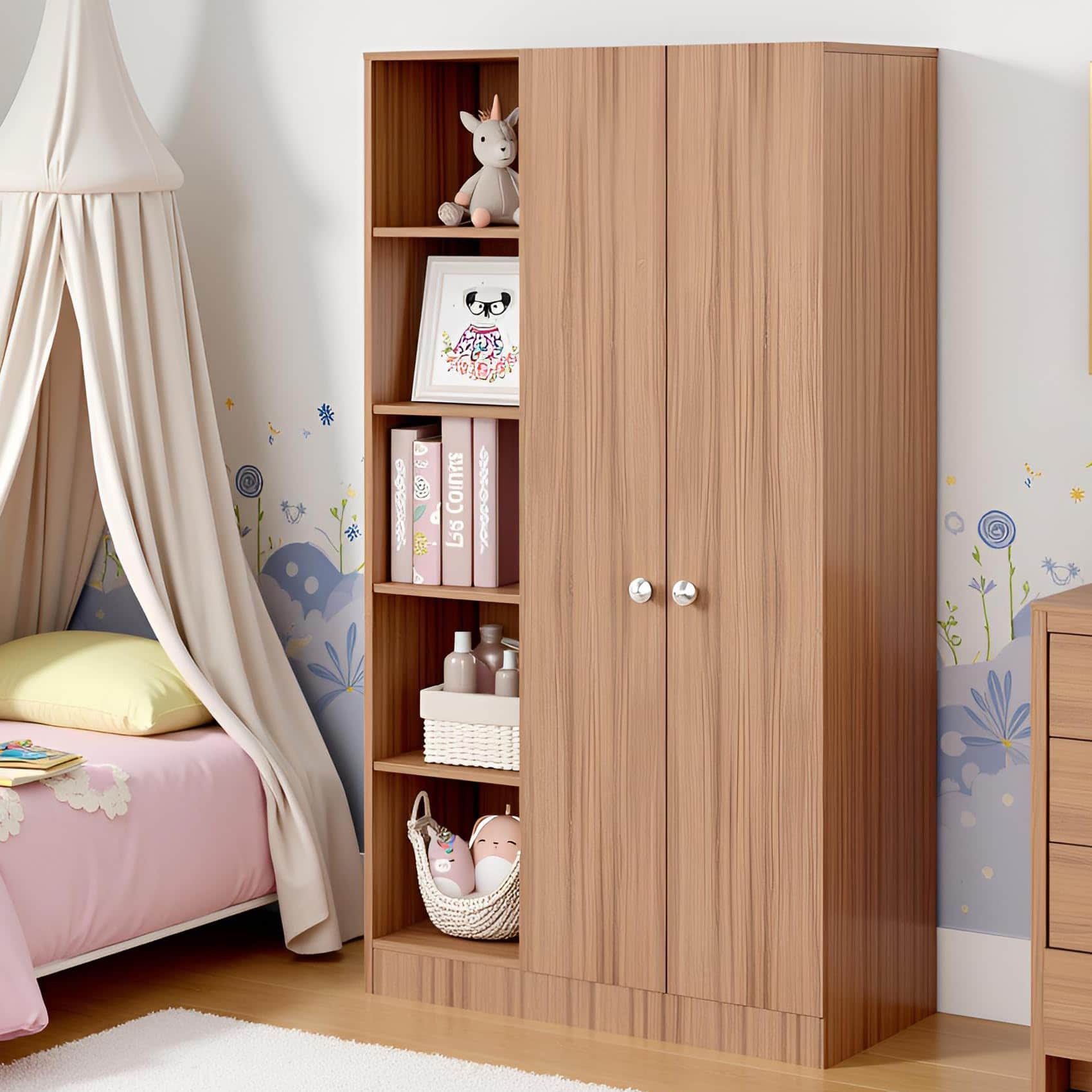 Elora Wardrobe for Kids, Baby Almirah for Clothes, Baby Storage Organizer, Cupboard for Clothes, Kids Wardrobe for Clothes/Toys/Books (Exotic Teak) - front_view